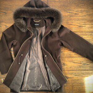 Luxury Ellen Tracy Mahogany Brown Wool Blend Coat | Genuine Blue Fox Fur Hood